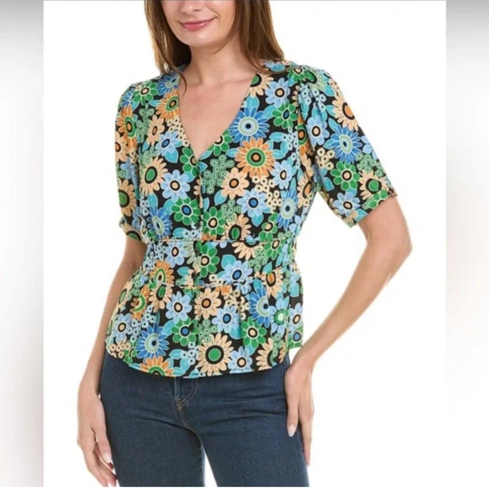 CAbi Blue and Green Peplum Blouse with Puff Sleeves